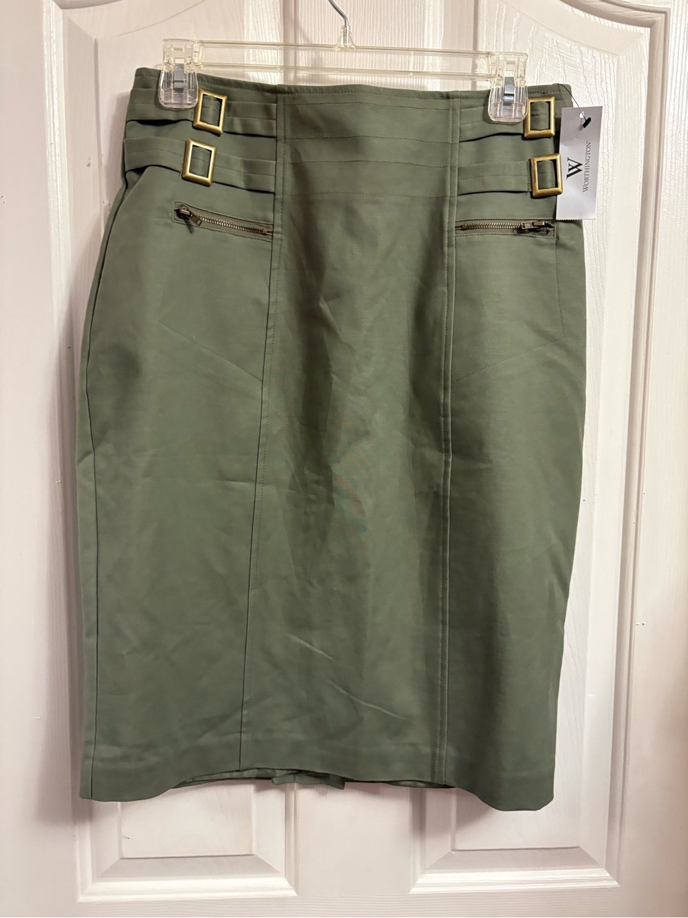 Worthington Olive Green Pencil Skirt with Gold Buckle Accents - Picture 1 of 2